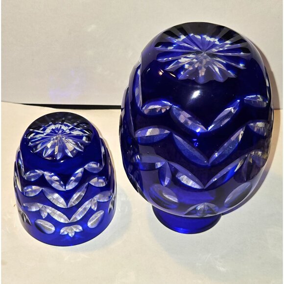 Bohemian Cobalt Blue Cut Glass Bedside Water Vase & Tumbler Set With Floral Etch - Picture 3 of 7